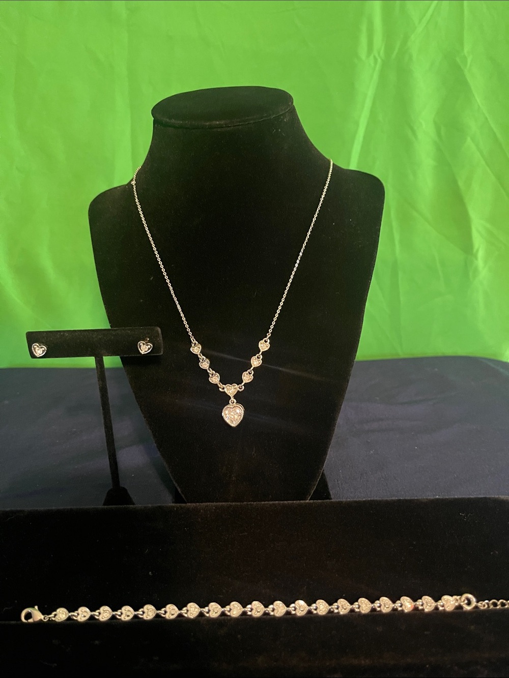 Avon Silver-Tone Heart Pendant Necklace, Bracelet & Stud Earrings Set